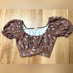 Altar'd State Women's XXL Brown Floral Puff Sleeve Crop Top